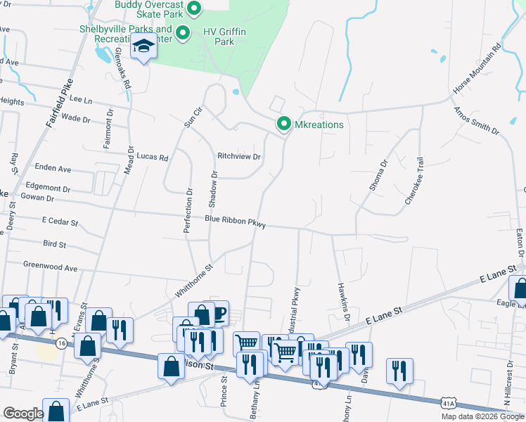 map of restaurants, bars, coffee shops, grocery stores, and more near 916 Horse Mountain Road in Shelbyville