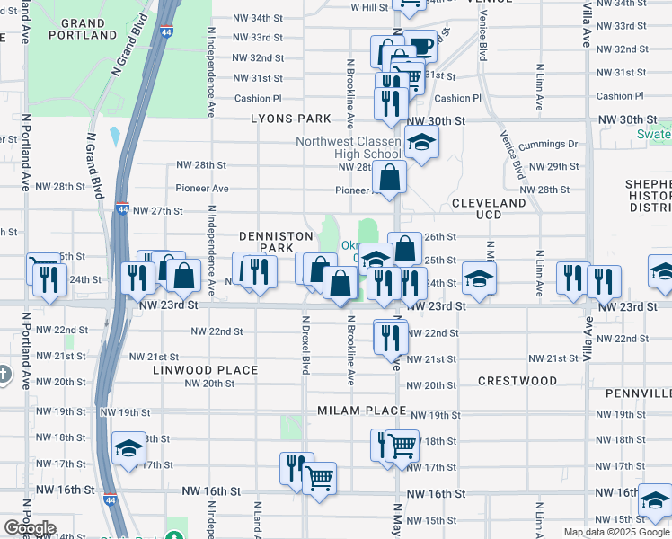 map of restaurants, bars, coffee shops, grocery stores, and more near 2500 Denniston Drive in Oklahoma City