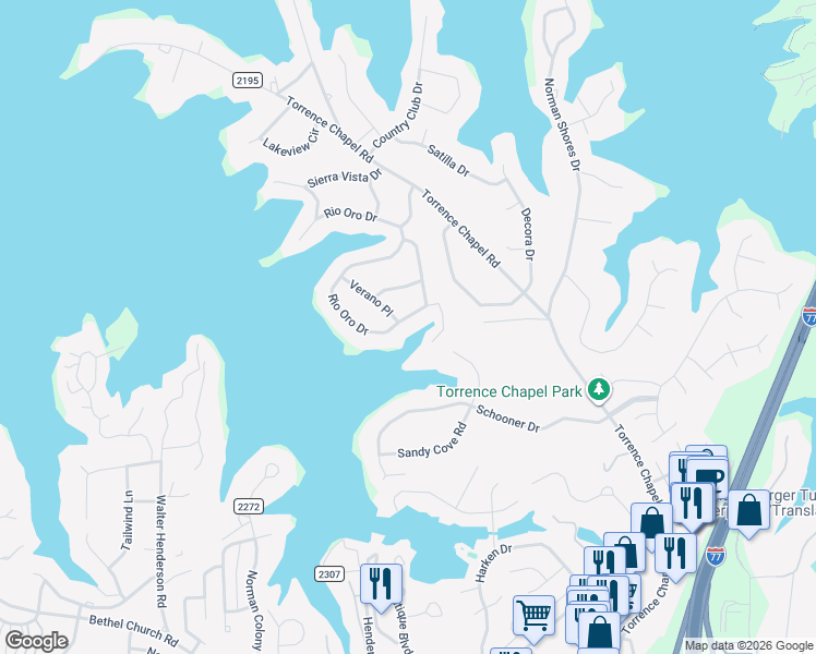 map of restaurants, bars, coffee shops, grocery stores, and more near 21606 Rio Oro Drive in Cornelius
