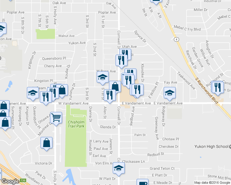 map of restaurants, bars, coffee shops, grocery stores, and more near 103 Belisle Ave in Yukon