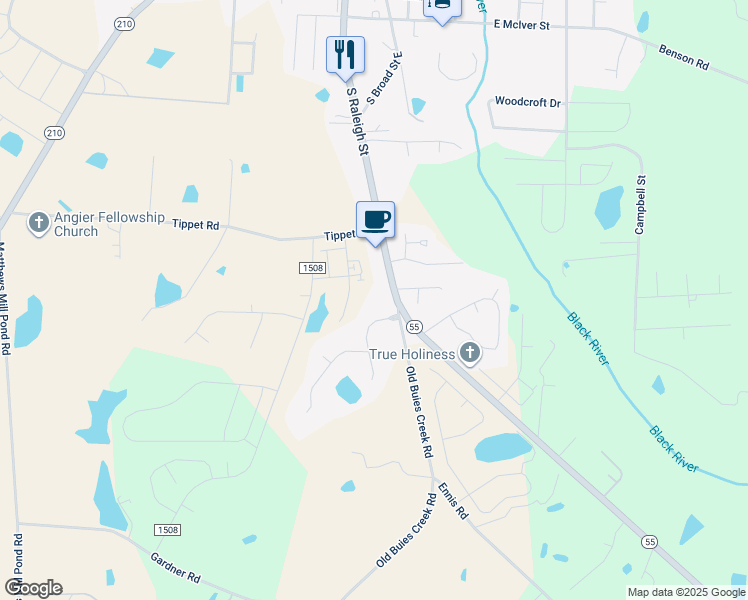 map of restaurants, bars, coffee shops, grocery stores, and more near 848 South Raleigh Street in Angier