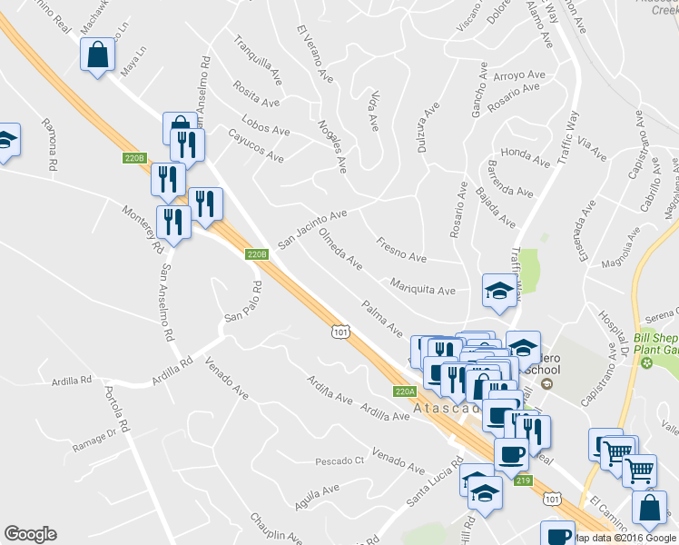 map of restaurants, bars, coffee shops, grocery stores, and more near 5155 Palma Avenue in Atascadero
