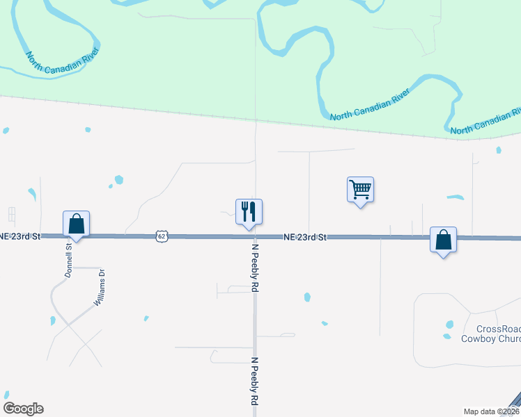map of restaurants, bars, coffee shops, grocery stores, and more near 2510 North Peebly Road in Harrah