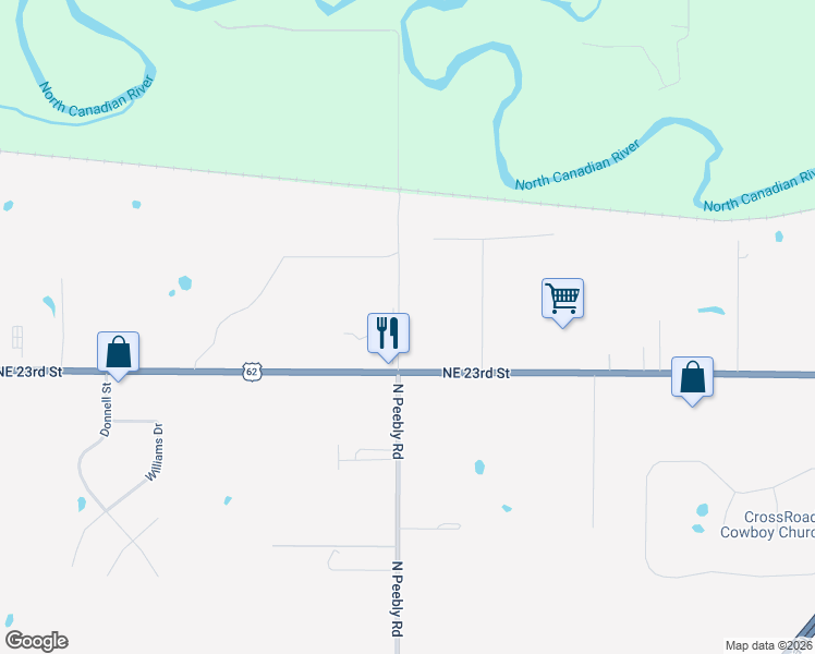 map of restaurants, bars, coffee shops, grocery stores, and more near 2510 North Peebly Road in Harrah