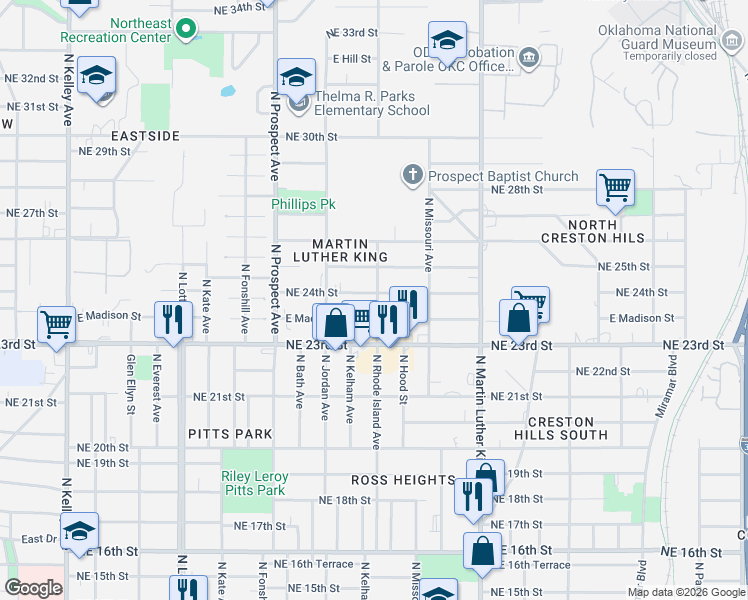 map of restaurants, bars, coffee shops, grocery stores, and more near 1705 East Madison Street in Oklahoma City
