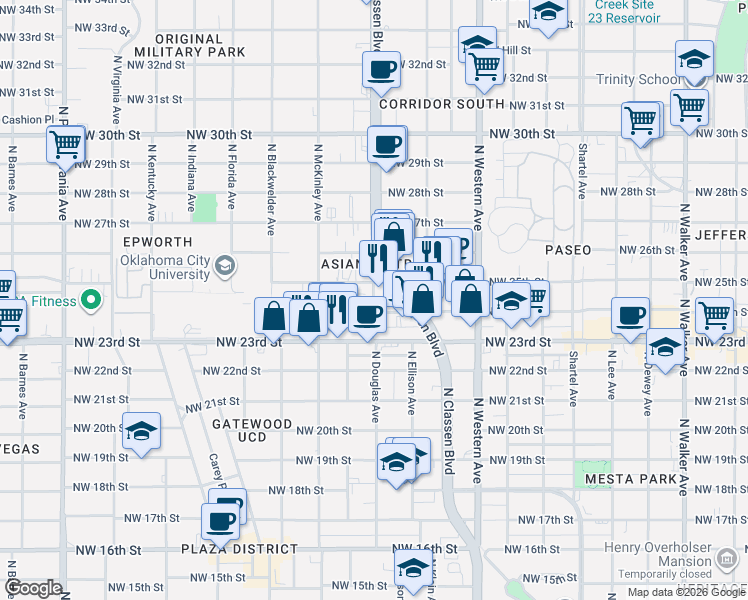 map of restaurants, bars, coffee shops, grocery stores, and more near in Oklahoma City