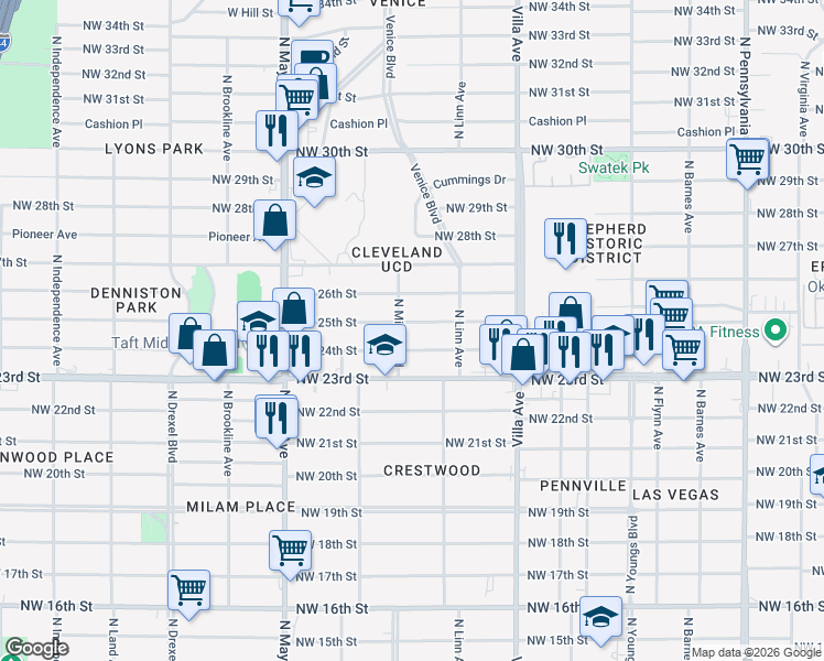 map of restaurants, bars, coffee shops, grocery stores, and more near 2625 Northwest 24th Street in Oklahoma City
