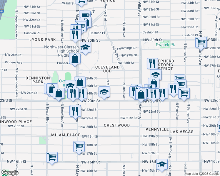 map of restaurants, bars, coffee shops, grocery stores, and more near 2701 Northwest 24th Street in Oklahoma City