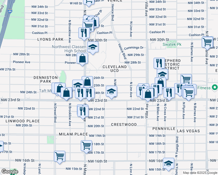 map of restaurants, bars, coffee shops, grocery stores, and more near 2701 Northwest 24th Street in Oklahoma City