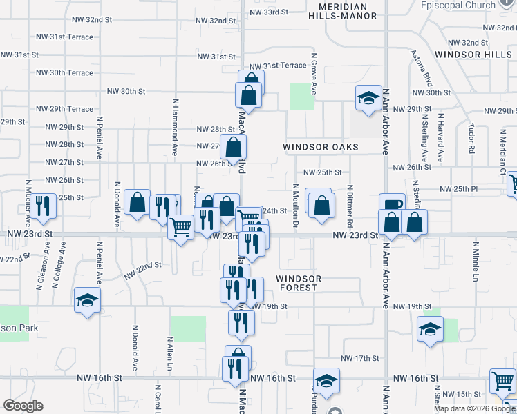 map of restaurants, bars, coffee shops, grocery stores, and more near 2440 North Macarthur Boulevard in Oklahoma City