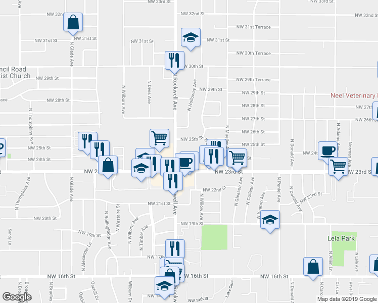 map of restaurants, bars, coffee shops, grocery stores, and more near 2500 North Rockwell Avenue in Bethany