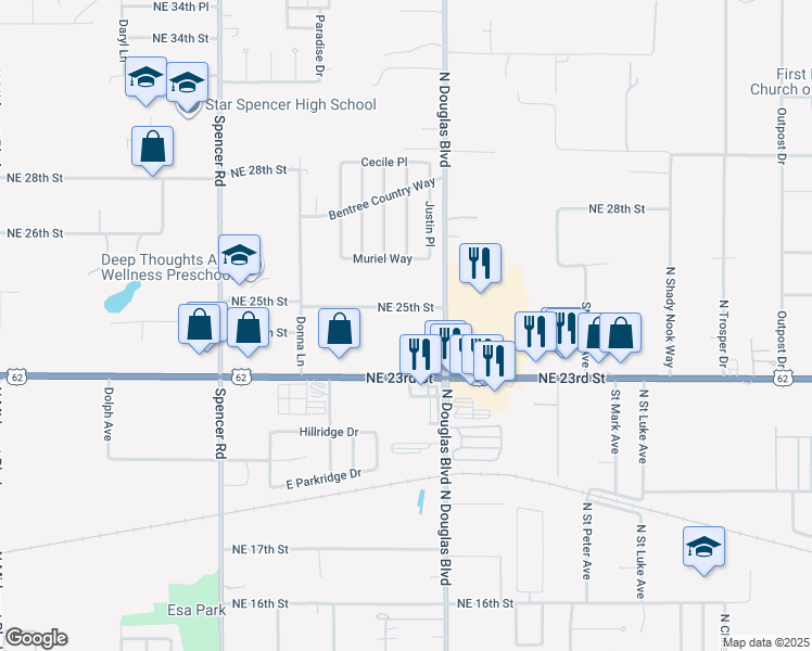 map of restaurants, bars, coffee shops, grocery stores, and more near 8908 Northeast 25th Street in Spencer
