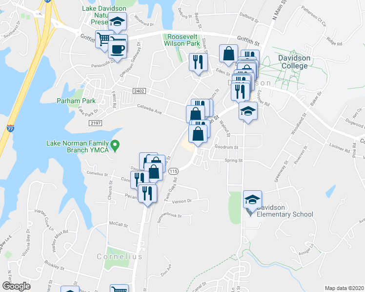 map of restaurants, bars, coffee shops, grocery stores, and more near 466 South Main Street in Davidson