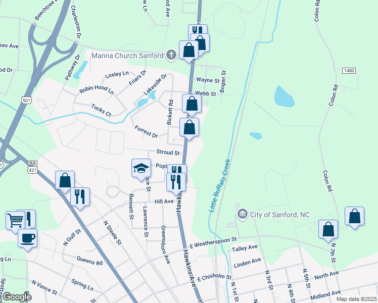 map of restaurants, bars, coffee shops, grocery stores, and more near 1102 Hawkins Avenue in Sanford