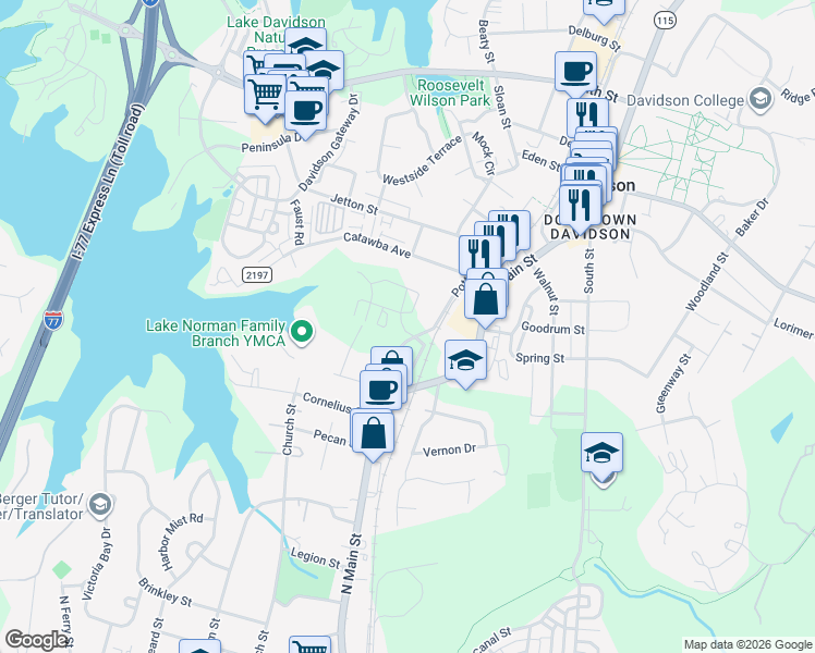 map of restaurants, bars, coffee shops, grocery stores, and more near 21220 Potts Street in Cornelius