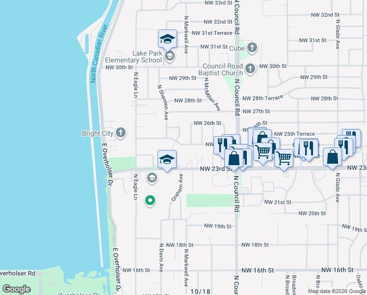 map of restaurants, bars, coffee shops, grocery stores, and more near 8200 Northwest 25th Street in Bethany