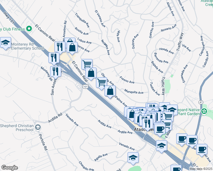 map of restaurants, bars, coffee shops, grocery stores, and more near 5155 Palma Avenue in Atascadero