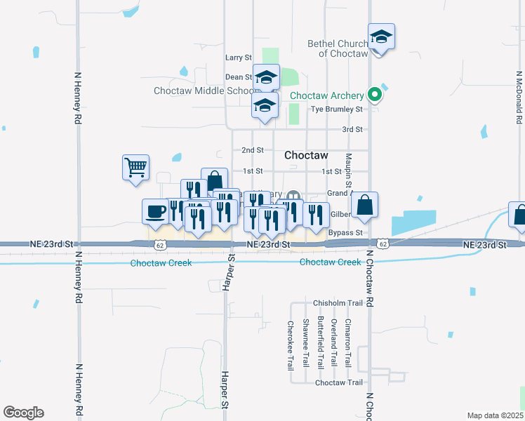 map of restaurants, bars, coffee shops, grocery stores, and more near 14594 Gilbert Street in Choctaw