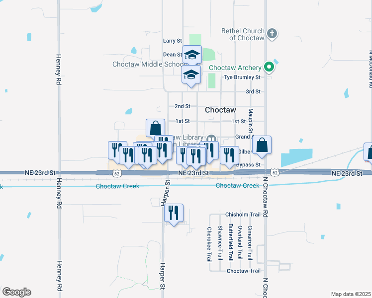 map of restaurants, bars, coffee shops, grocery stores, and more near 14594 Gilbert Street in Choctaw