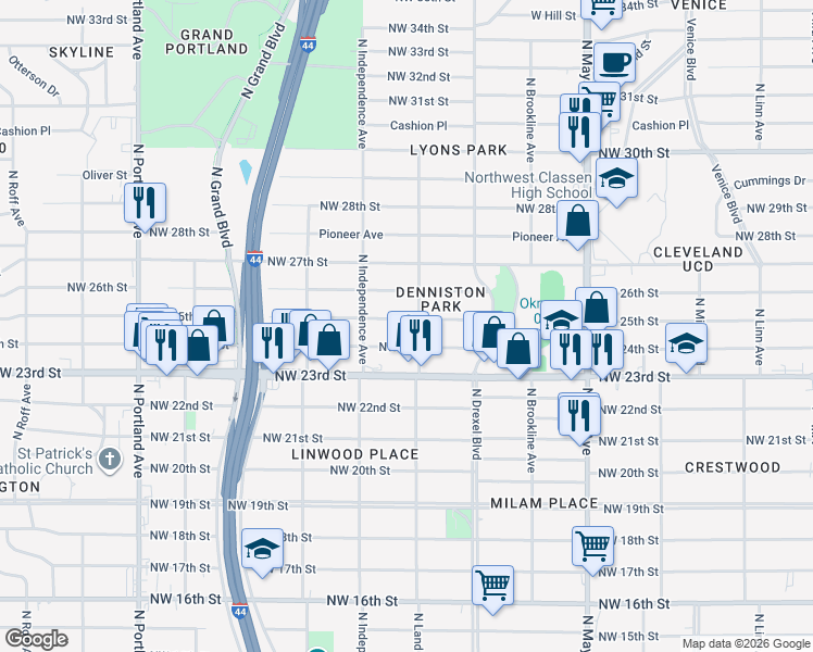 map of restaurants, bars, coffee shops, grocery stores, and more near 3225 Northwest 24th Street in Oklahoma City