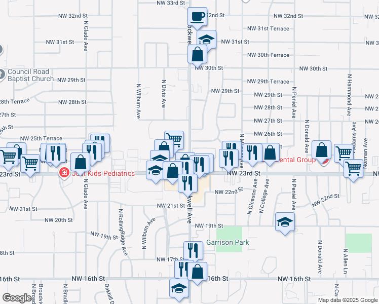 map of restaurants, bars, coffee shops, grocery stores, and more near 2508 North Rockwell Avenue in Bethany