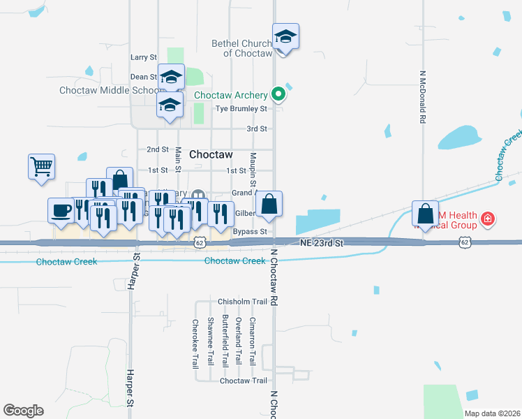 map of restaurants, bars, coffee shops, grocery stores, and more near 14958 Gilbert Street in Choctaw