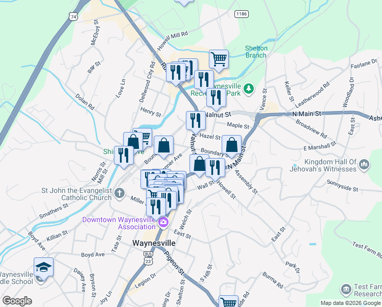 map of restaurants, bars, coffee shops, grocery stores, and more near 55 Branner Avenue in Waynesville