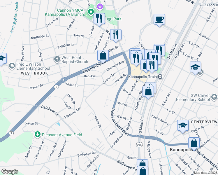 map of restaurants, bars, coffee shops, grocery stores, and more near 333 Vance Avenue in Kannapolis