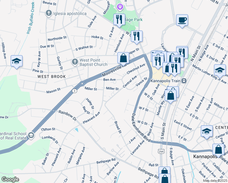 map of restaurants, bars, coffee shops, grocery stores, and more near 609 Miller Street in Kannapolis