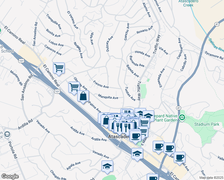 map of restaurants, bars, coffee shops, grocery stores, and more near 5430 Fresno Avenue in Atascadero