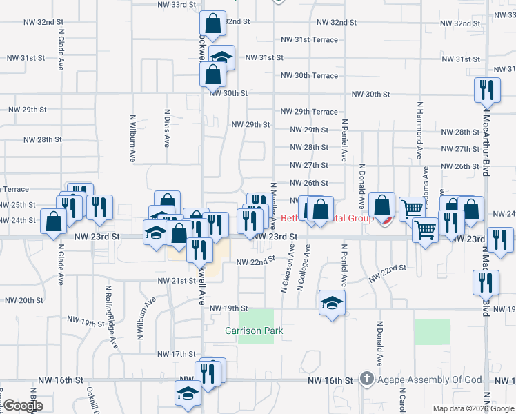 map of restaurants, bars, coffee shops, grocery stores, and more near 2504 North Oakridge Drive in Bethany