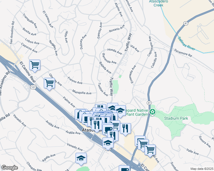 map of restaurants, bars, coffee shops, grocery stores, and more near 5573 Tunitas Avenue in Atascadero