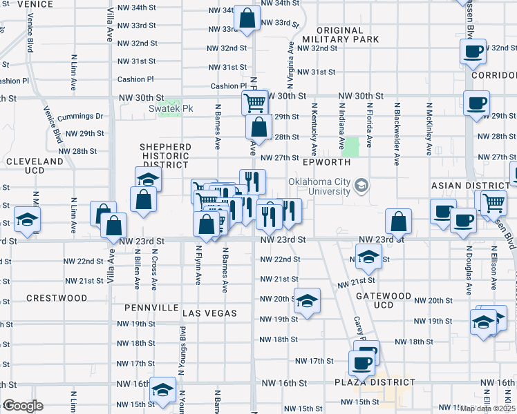 map of restaurants, bars, coffee shops, grocery stores, and more near 2501 North Pennsylvania Avenue in Oklahoma City