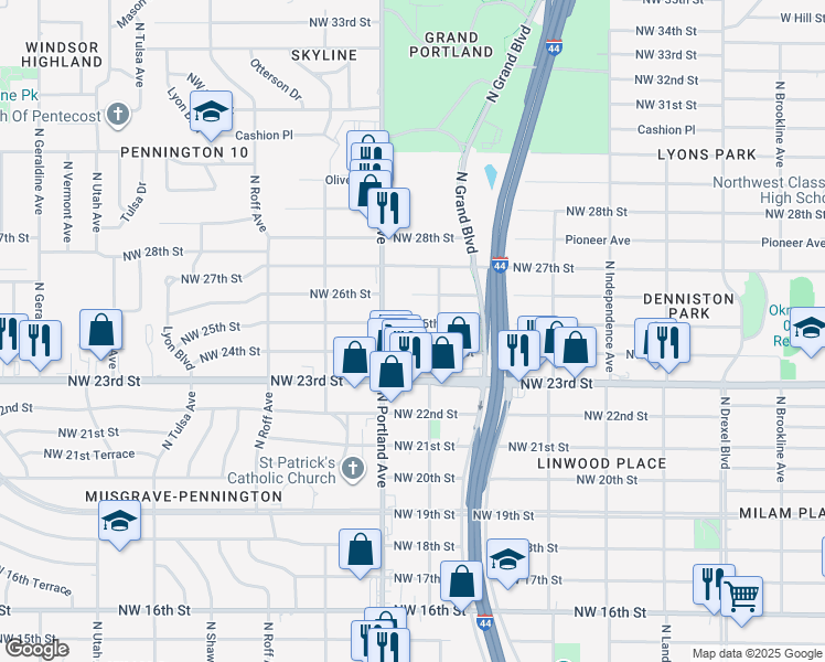 map of restaurants, bars, coffee shops, grocery stores, and more near 3629 Northwest 24th Street in Oklahoma City