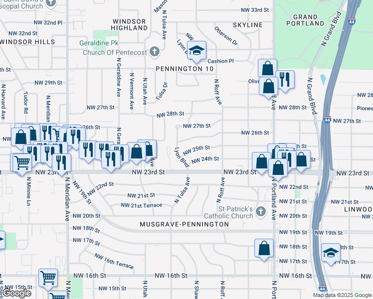 map of restaurants, bars, coffee shops, grocery stores, and more near 2600 Lyon Boulevard in Oklahoma City