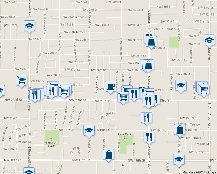 map of restaurants, bars, coffee shops, grocery stores, and more near 6204 Northwest 24th Street in Oklahoma City