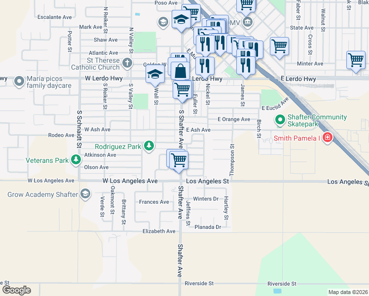 map of restaurants, bars, coffee shops, grocery stores, and more near 700-2 South Shafter Avenue in Shafter