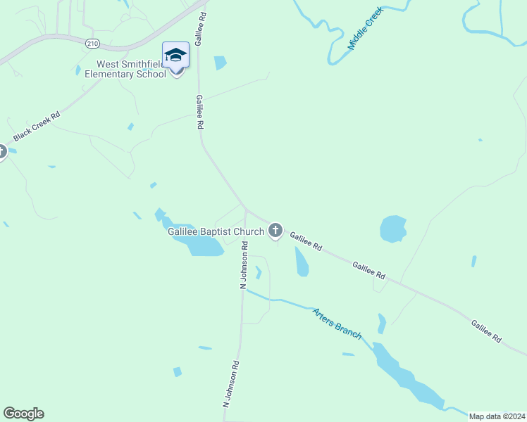 map of restaurants, bars, coffee shops, grocery stores, and more near 2088 Galilee Road in Smithfield