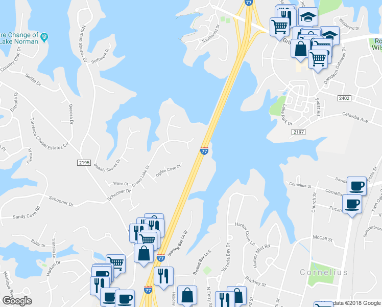 map of restaurants, bars, coffee shops, grocery stores, and more near 20323 Val Circle in Cornelius