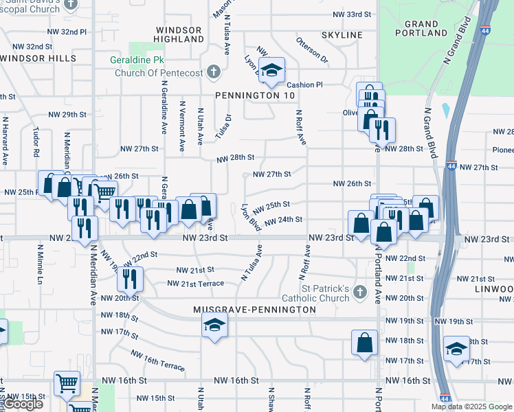 map of restaurants, bars, coffee shops, grocery stores, and more near 2600 Lyon Boulevard in Oklahoma City
