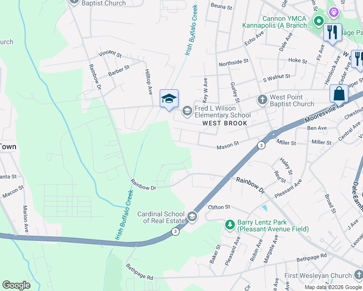 map of restaurants, bars, coffee shops, grocery stores, and more near 1409 Mason Street in Kannapolis