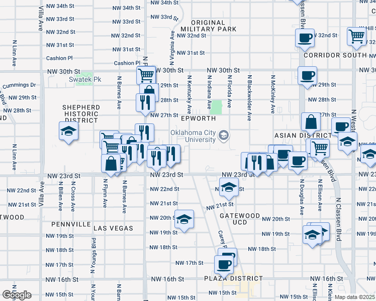 map of restaurants, bars, coffee shops, grocery stores, and more near 2548 North Kentucky Avenue in Oklahoma City
