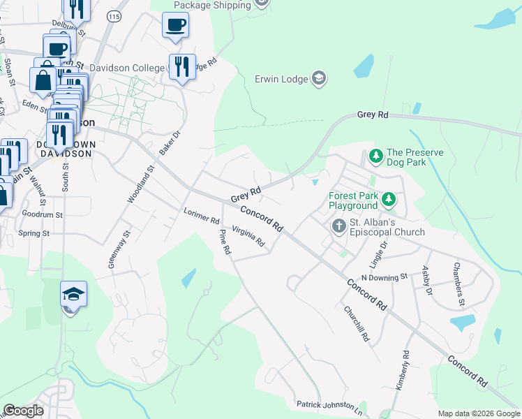 map of restaurants, bars, coffee shops, grocery stores, and more near in Davidson