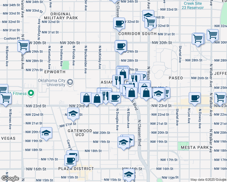 map of restaurants, bars, coffee shops, grocery stores, and more near 2519 1/2 North Douglas Avenue in Oklahoma City