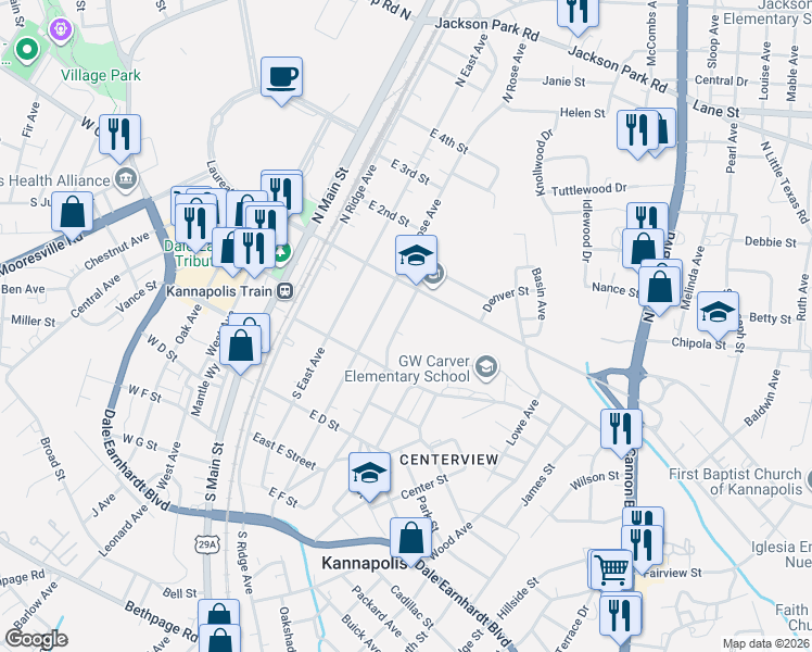 map of restaurants, bars, coffee shops, grocery stores, and more near 119 York Avenue in Kannapolis
