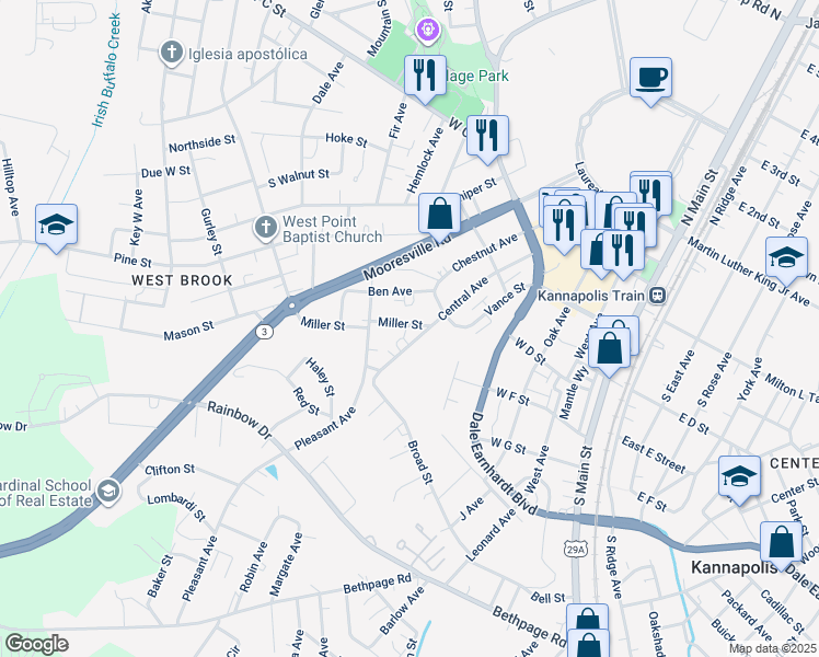 map of restaurants, bars, coffee shops, grocery stores, and more near 611 Miller Street in Kannapolis
