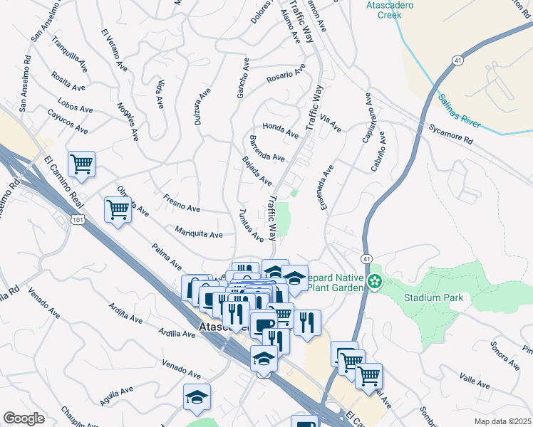 map of restaurants, bars, coffee shops, grocery stores, and more near 5573 Tunitas Avenue in Atascadero
