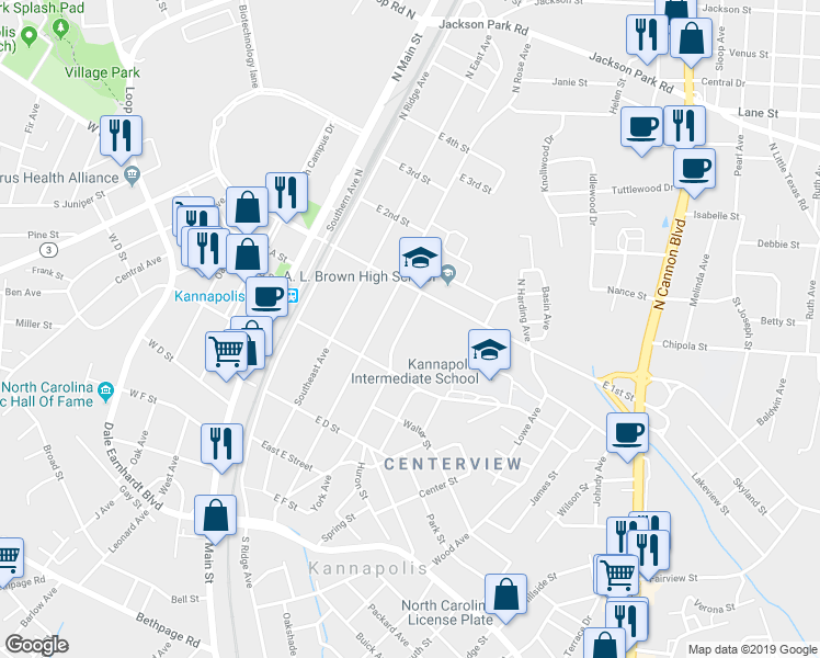 map of restaurants, bars, coffee shops, grocery stores, and more near 119 York Avenue in Kannapolis