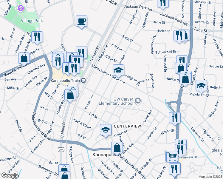 map of restaurants, bars, coffee shops, grocery stores, and more near 119 York Avenue in Kannapolis