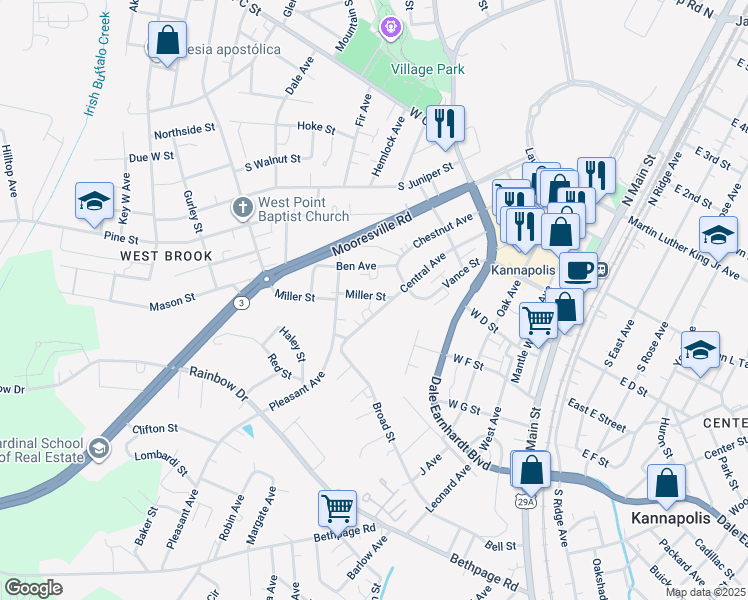 map of restaurants, bars, coffee shops, grocery stores, and more near 611 Miller Street in Kannapolis